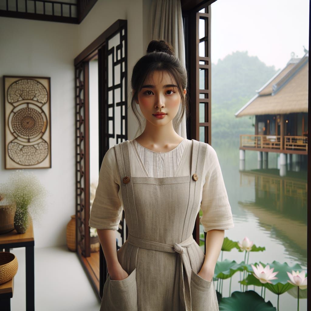 Vietnamese Woman in Steampunk Home Overlooking Lotus Lake