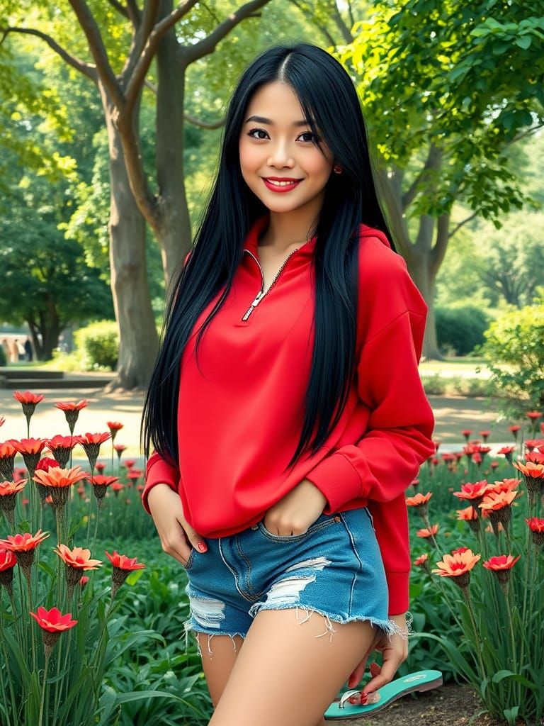 Smiling Woman in Park, Alphonse Mucha and Pop Art Style