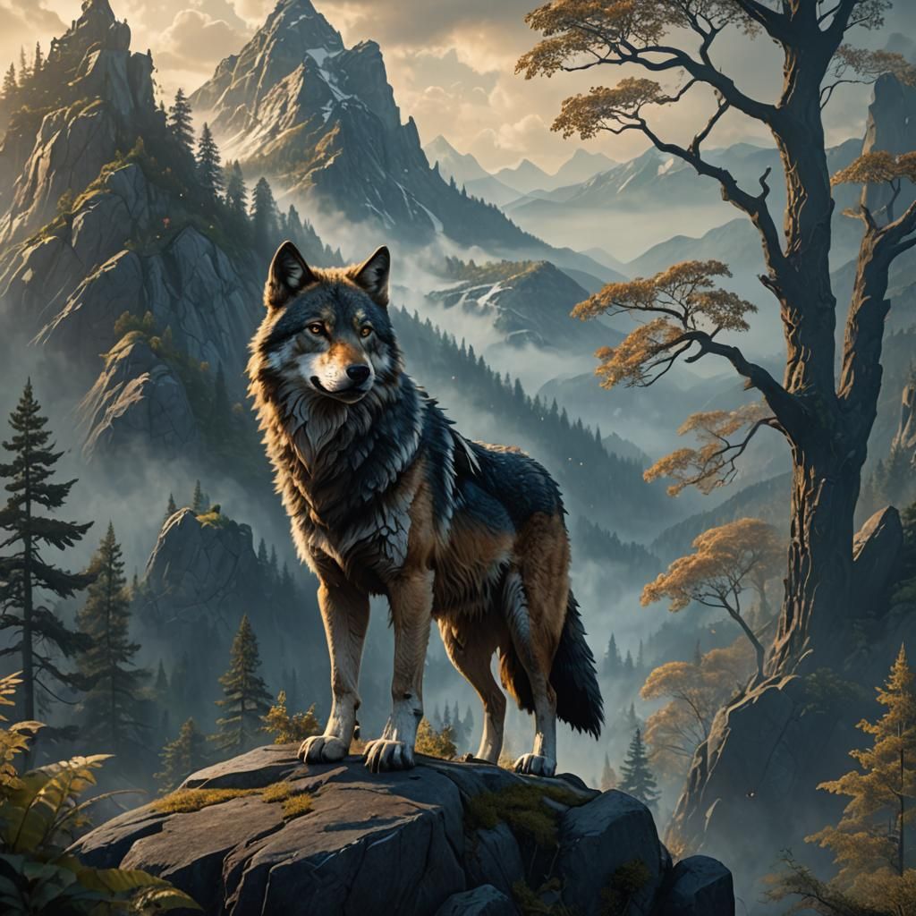 Majestic Wolf on Misty Mountain Peak