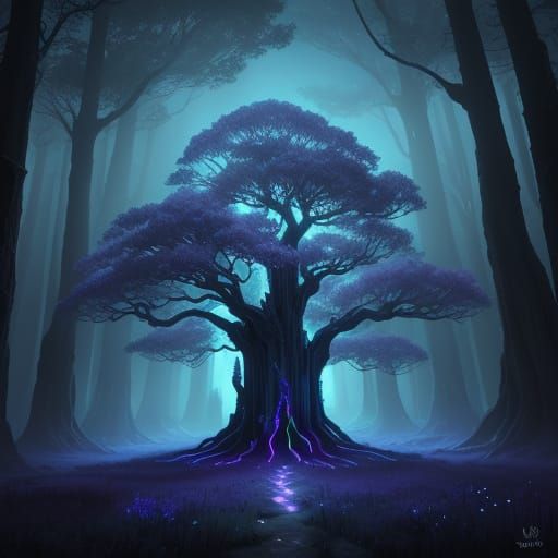 Surreal Landscape With Ancient Tree and Bioluminescent Flowe...