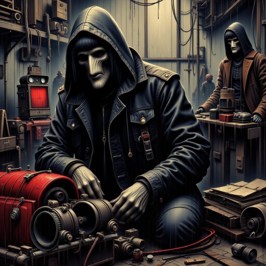 Dark Goth Mechanic Repairs Vehicle