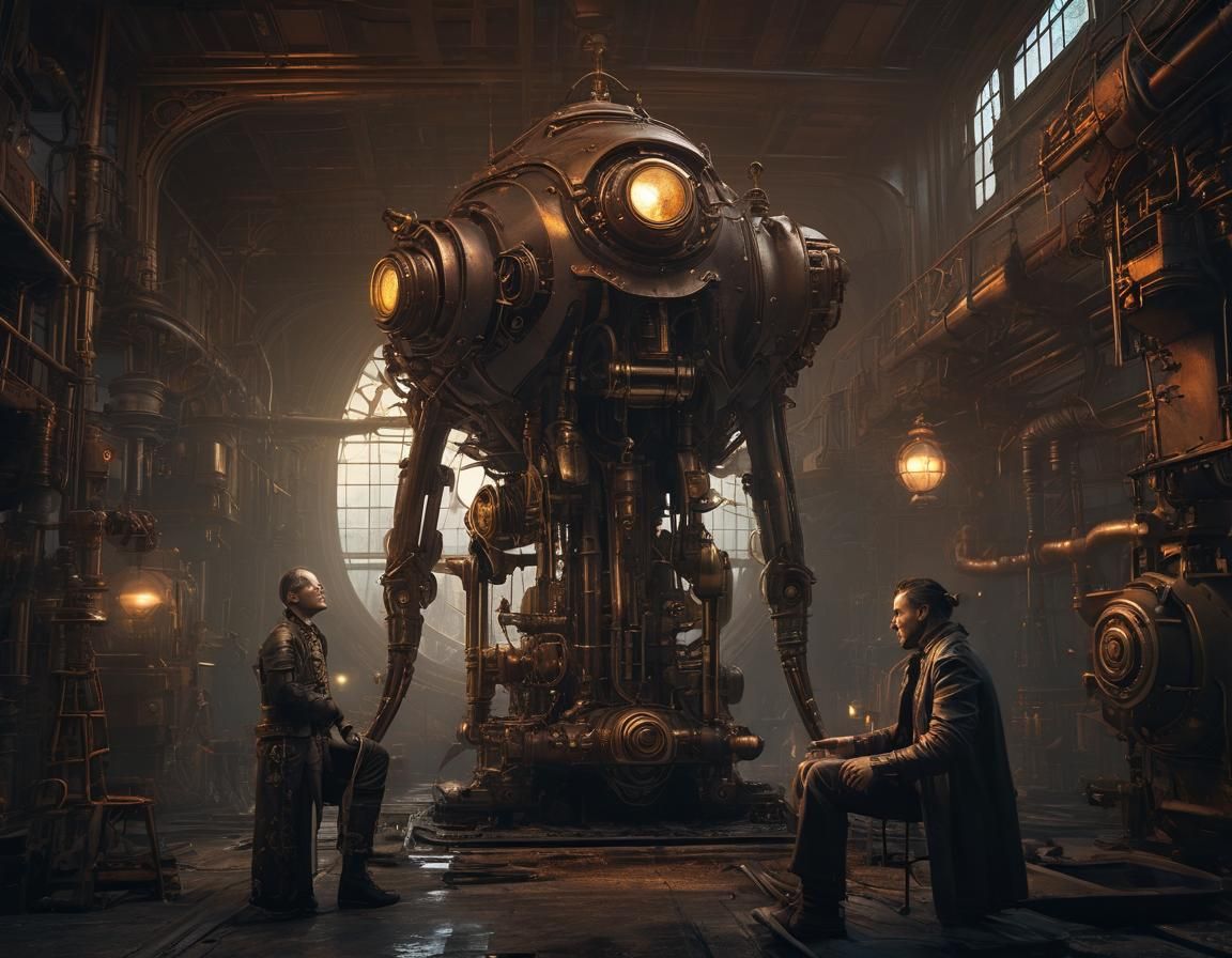 Mysterious Alien Near Steampunk Engine in Comic Book Art