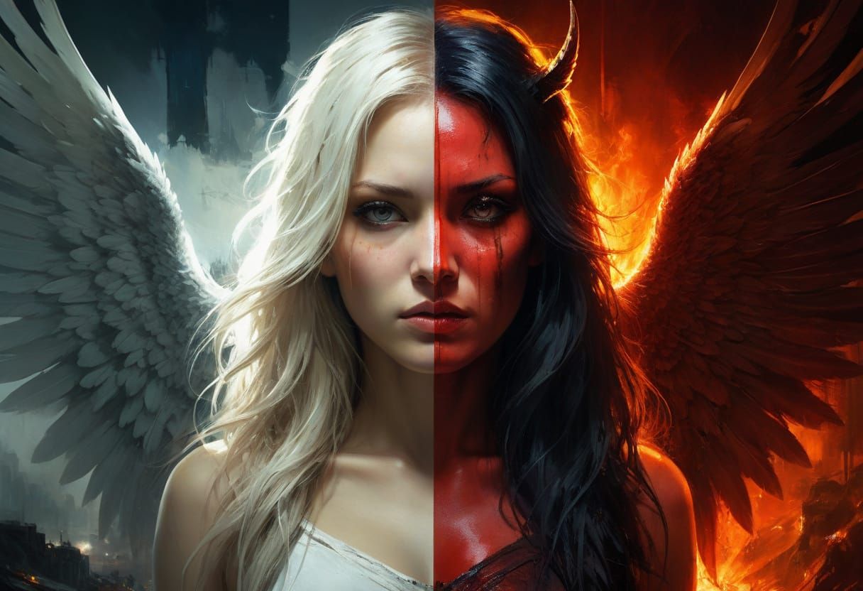 Angelic and Demonic Women in Split Portrait