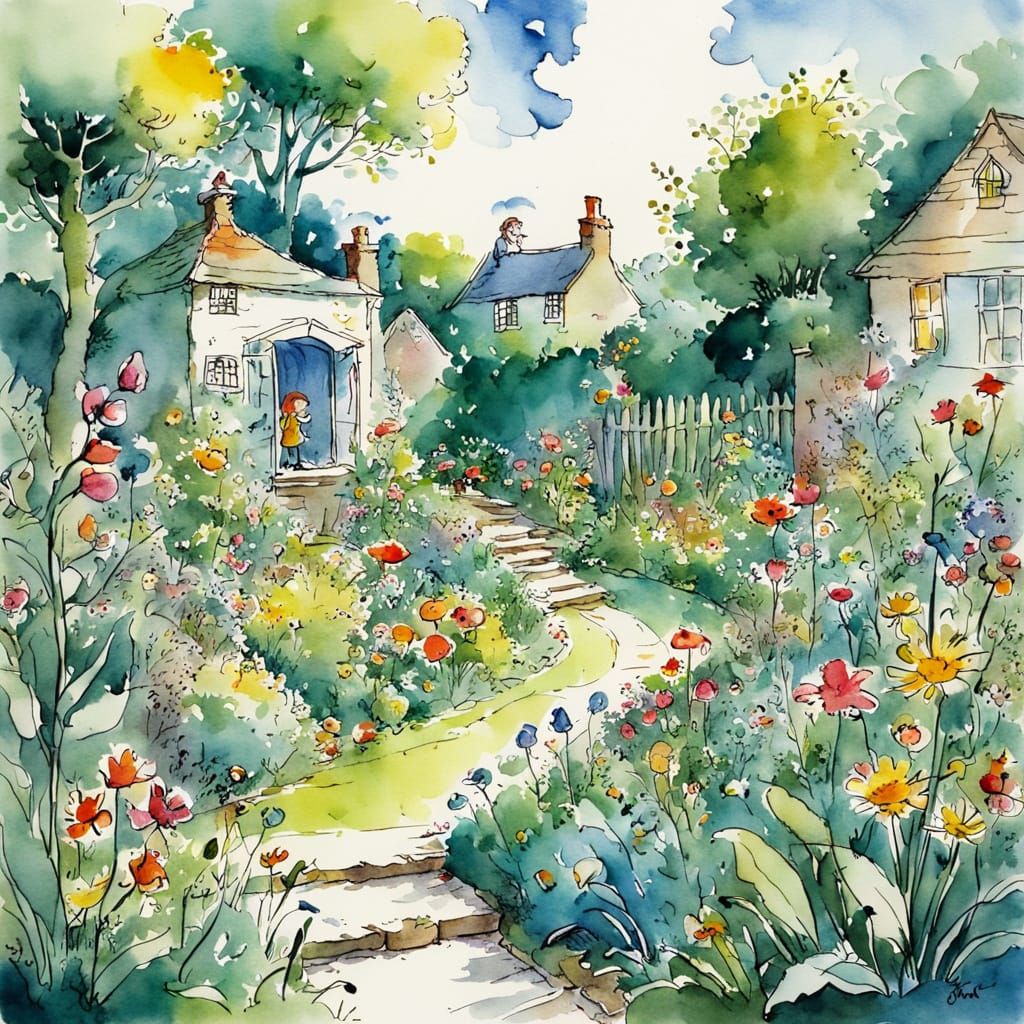 Charming Garden Scene in Children's Illustration Style