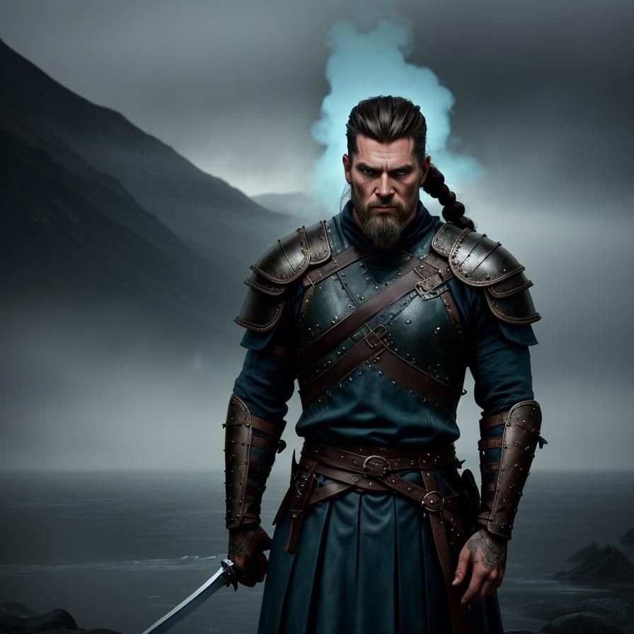 Viking Warrior in Misty Fjord: Cinematic Film Still