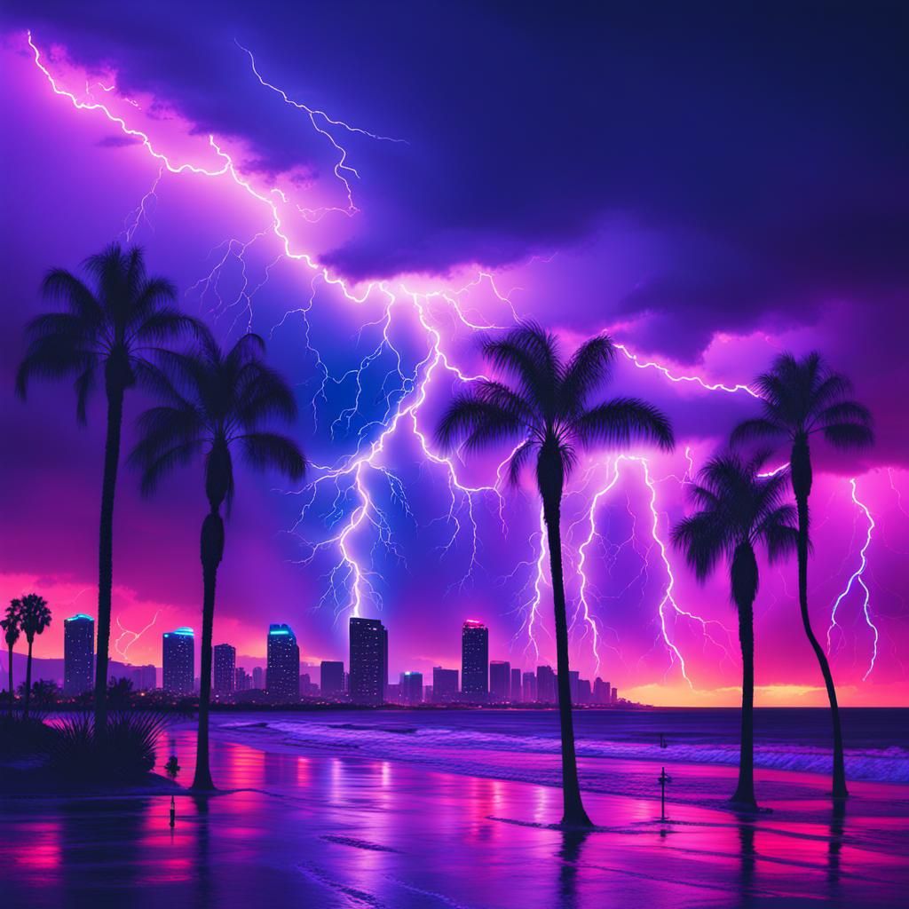 San Diego Thunderstorm in Synthwave Neon Style