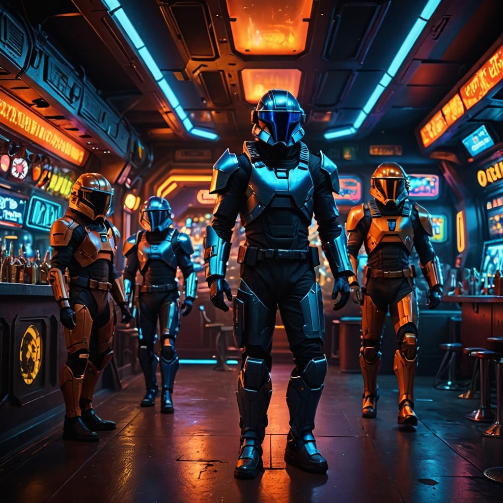 Galactic Bounty Hunters in Neon Space Bar
