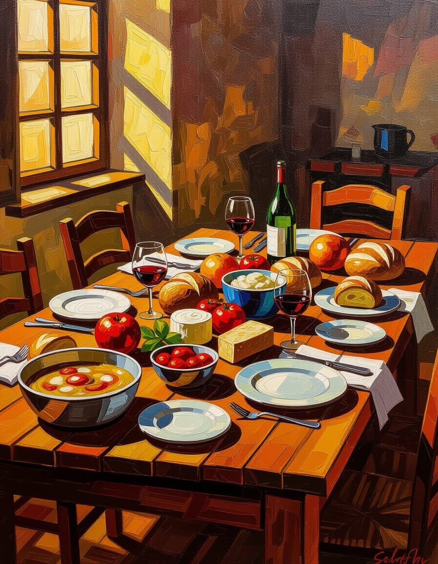 Expressive Impasto Food Painting of a Rustic Feast
