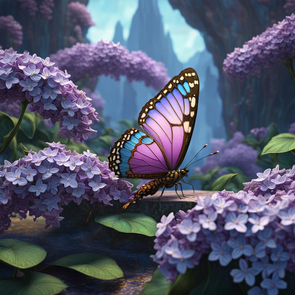 Cloisonne Butterfly Near Lilac Flower