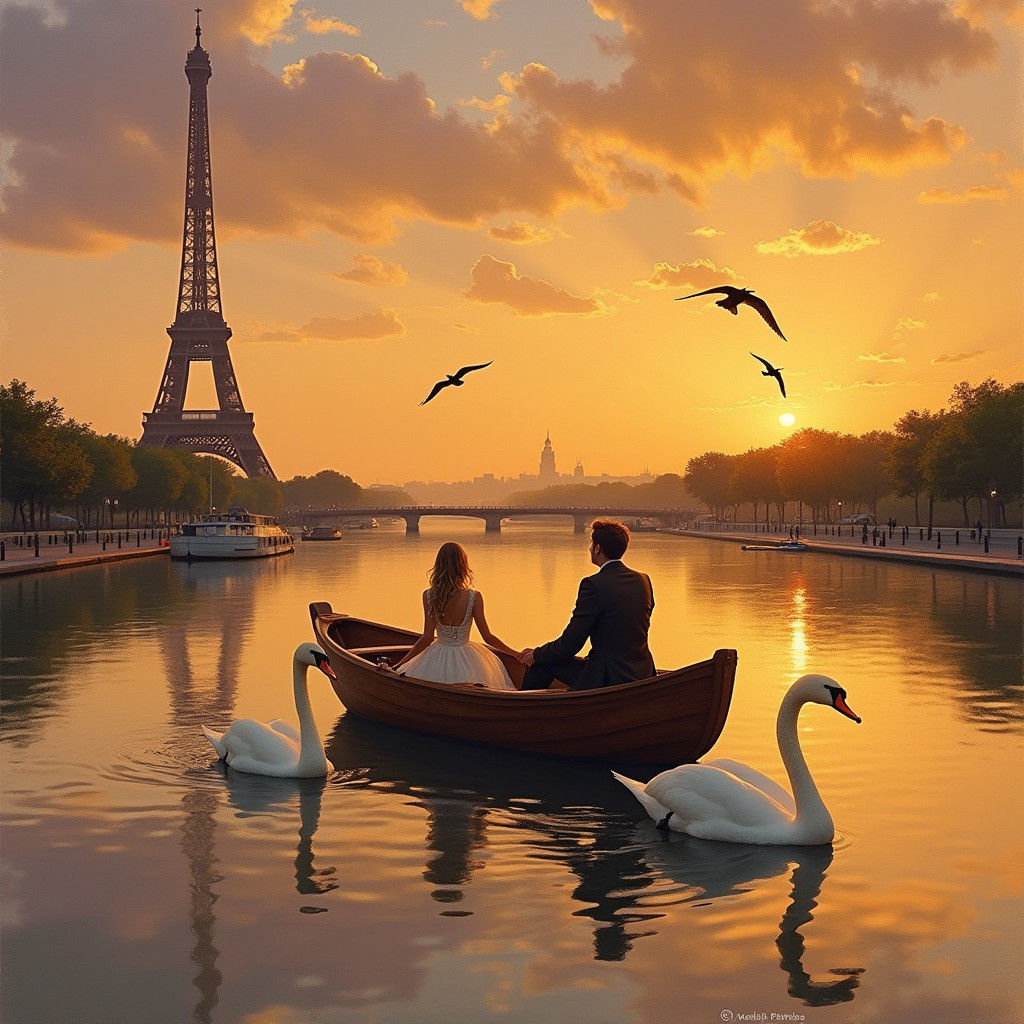 Eiffel Tower Lake Romance in Impressionistic Style