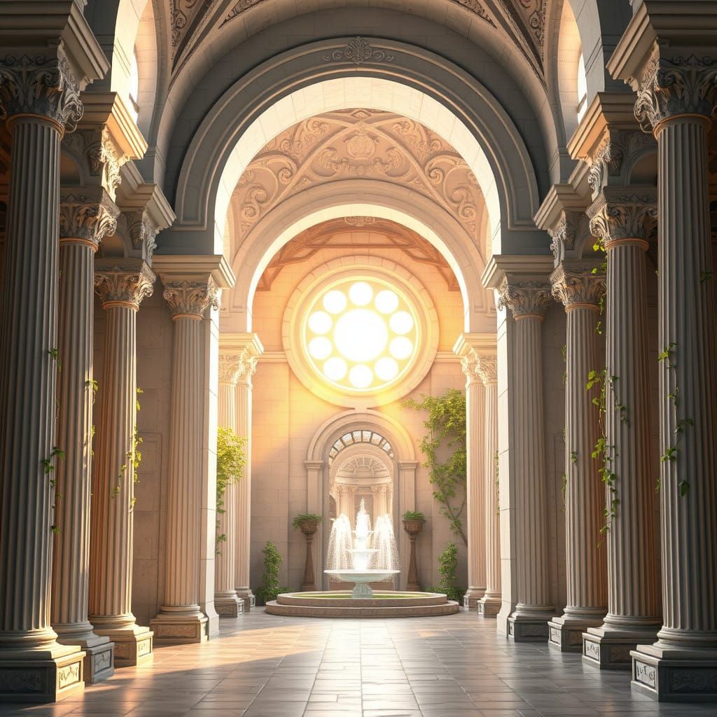 Ethereal White Stone Archway in Grand Hall with Majestic Rou...