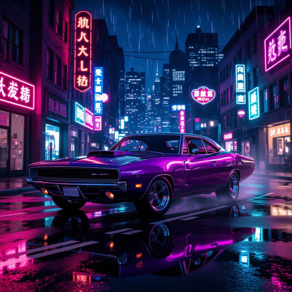 1969 Dodge Charger Drifting in Neon Cityscape
