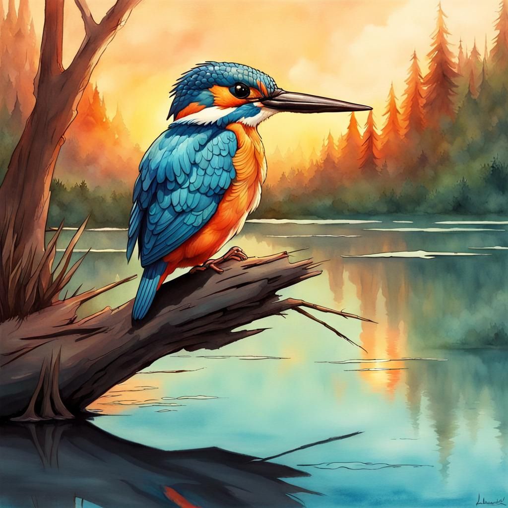 Kingfisher Reflected in Sunset Lake, Dreamworks Animation St...