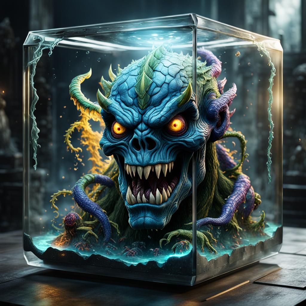 Monster in Glass Cube: Detailed Matte Painting