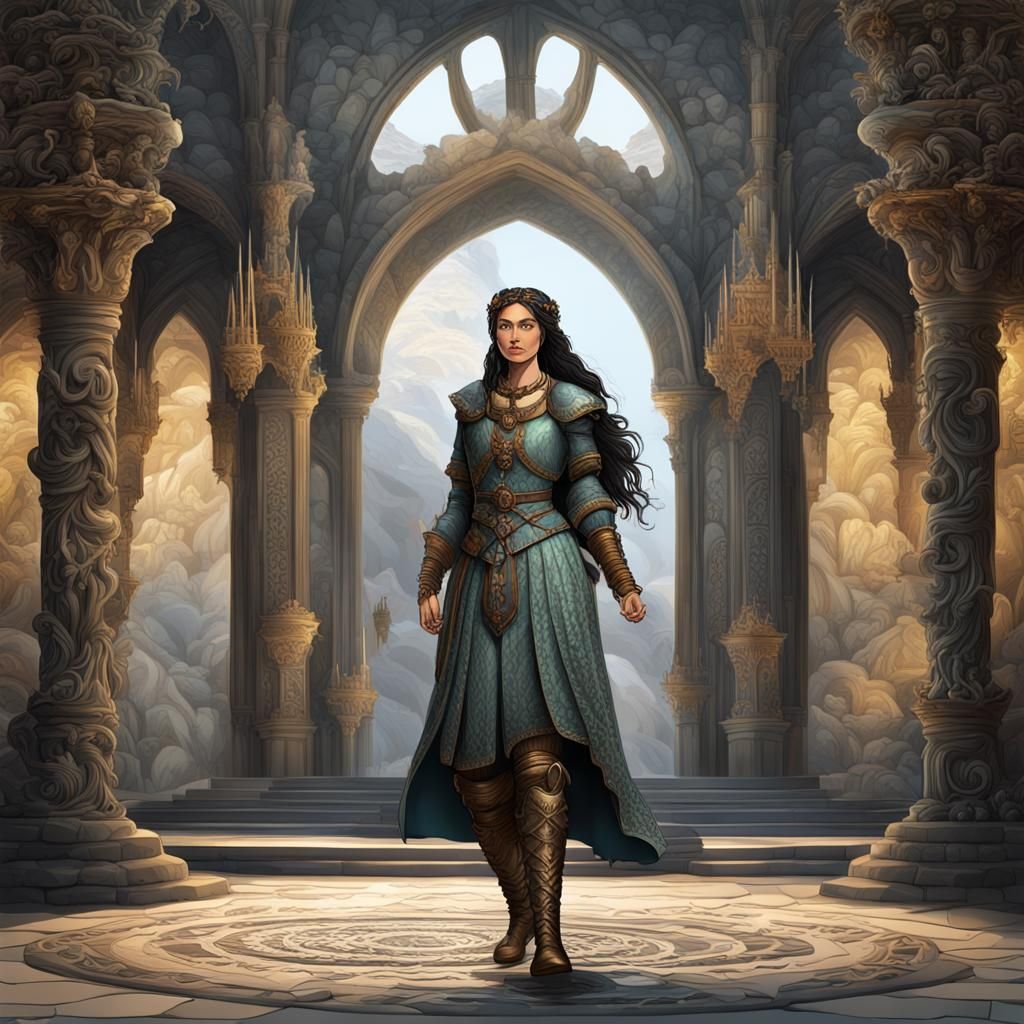 Bronze-clad Warrior Woman with Falcon in Castle