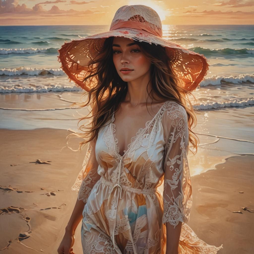 Elegant Woman at Beach in Dreamy Oil Painting