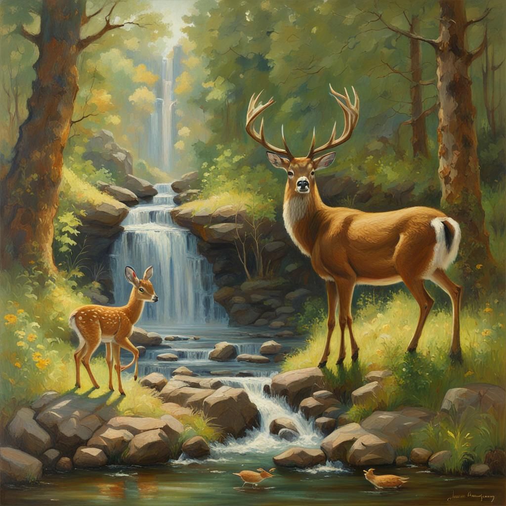 Forest Waterfall Wildlife Scene in Oil Paint