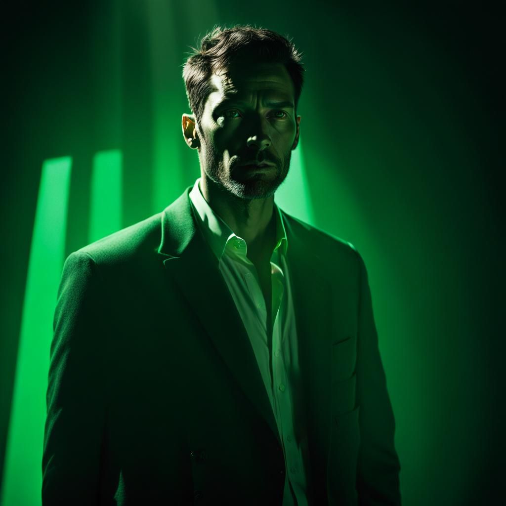 Moody Green Light Photography of Contemplative Man