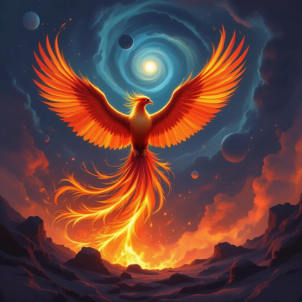 Phoenix Rises From Inferno in Cosmic Vortex