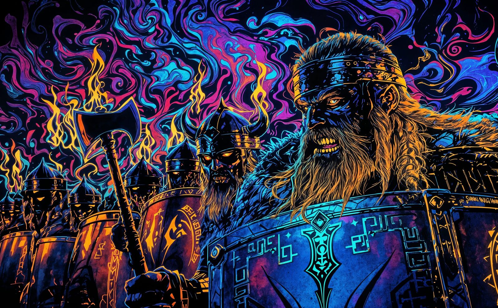 Grim Vikings in Blacklight Poster Style