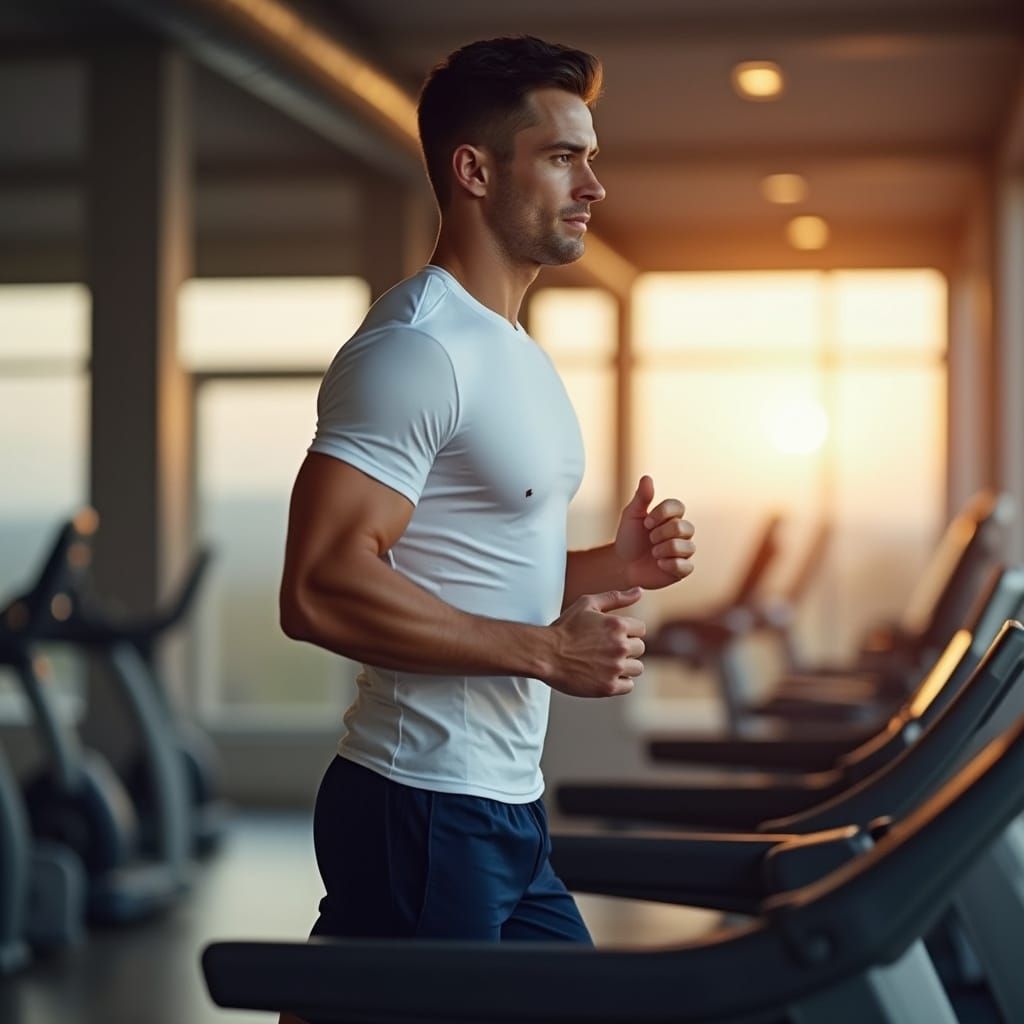 Fit Athlete Runs on Treadmill in Modern Gym