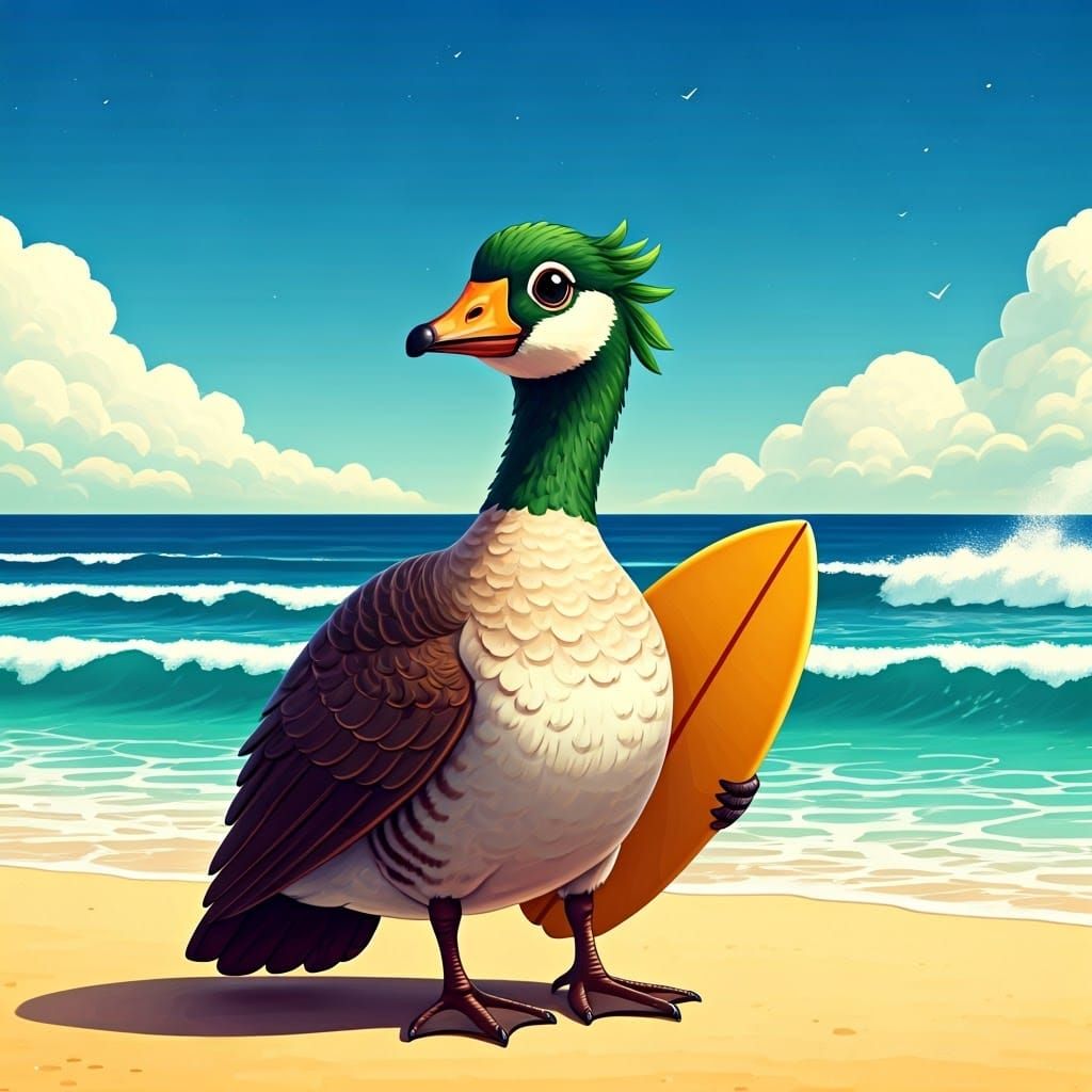 Kawaii Hawaiian Goose with Surfboard on Beach