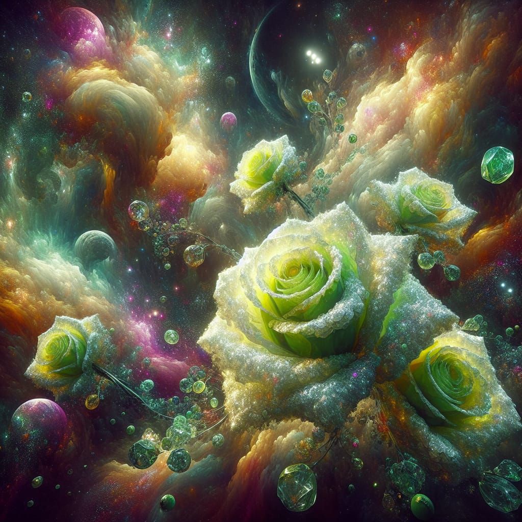Cosmic Peridot Roses in Holographic Astral Landscape