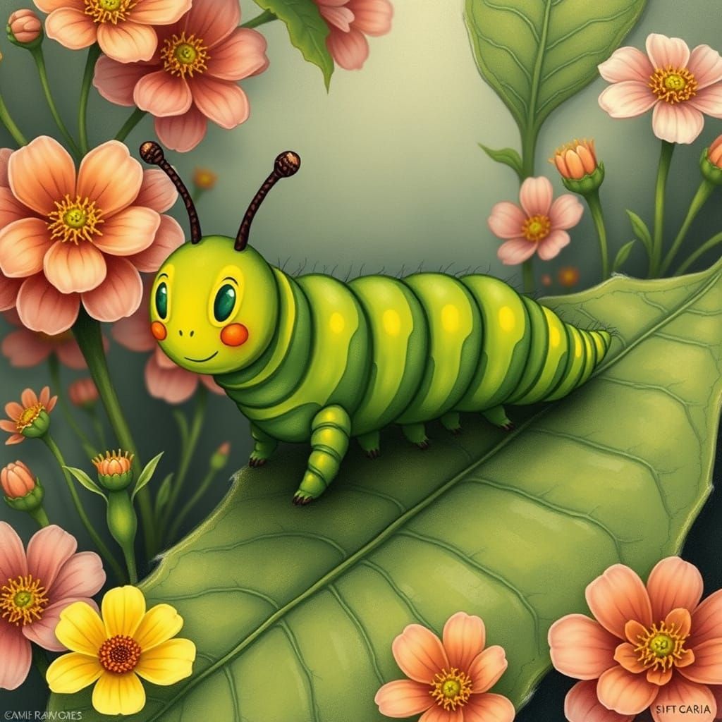 Whimsical Caterpillar in a Beatrix Potter Style Garden