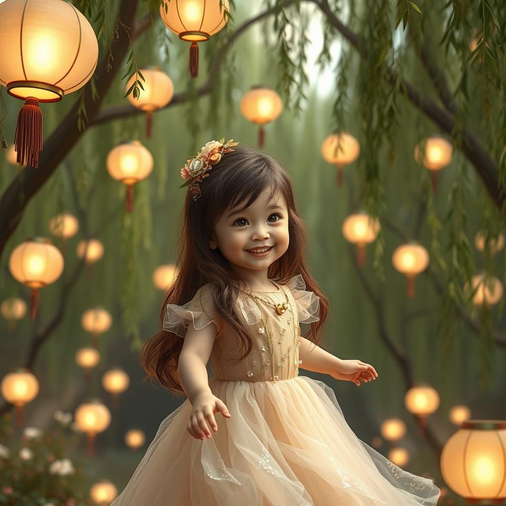 Fairy Child Dancing Under Lanterns in Enchanted Forest