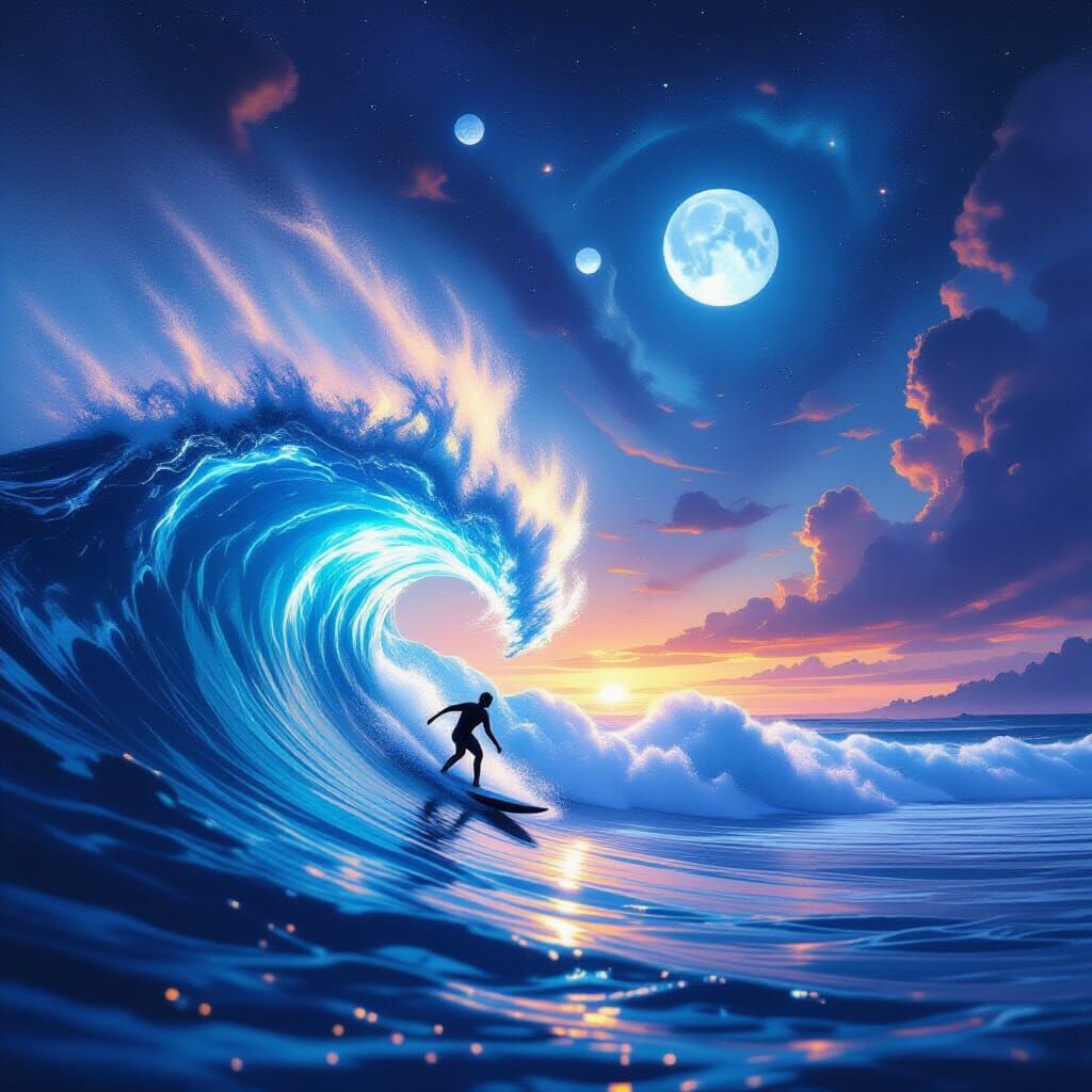Surfer Rides Cosmic Wave Under Alien Sky