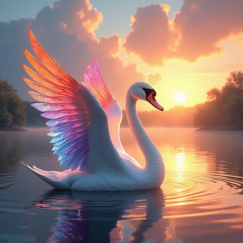 Surreal Swan in Vibrant Art Nouveau Landscape