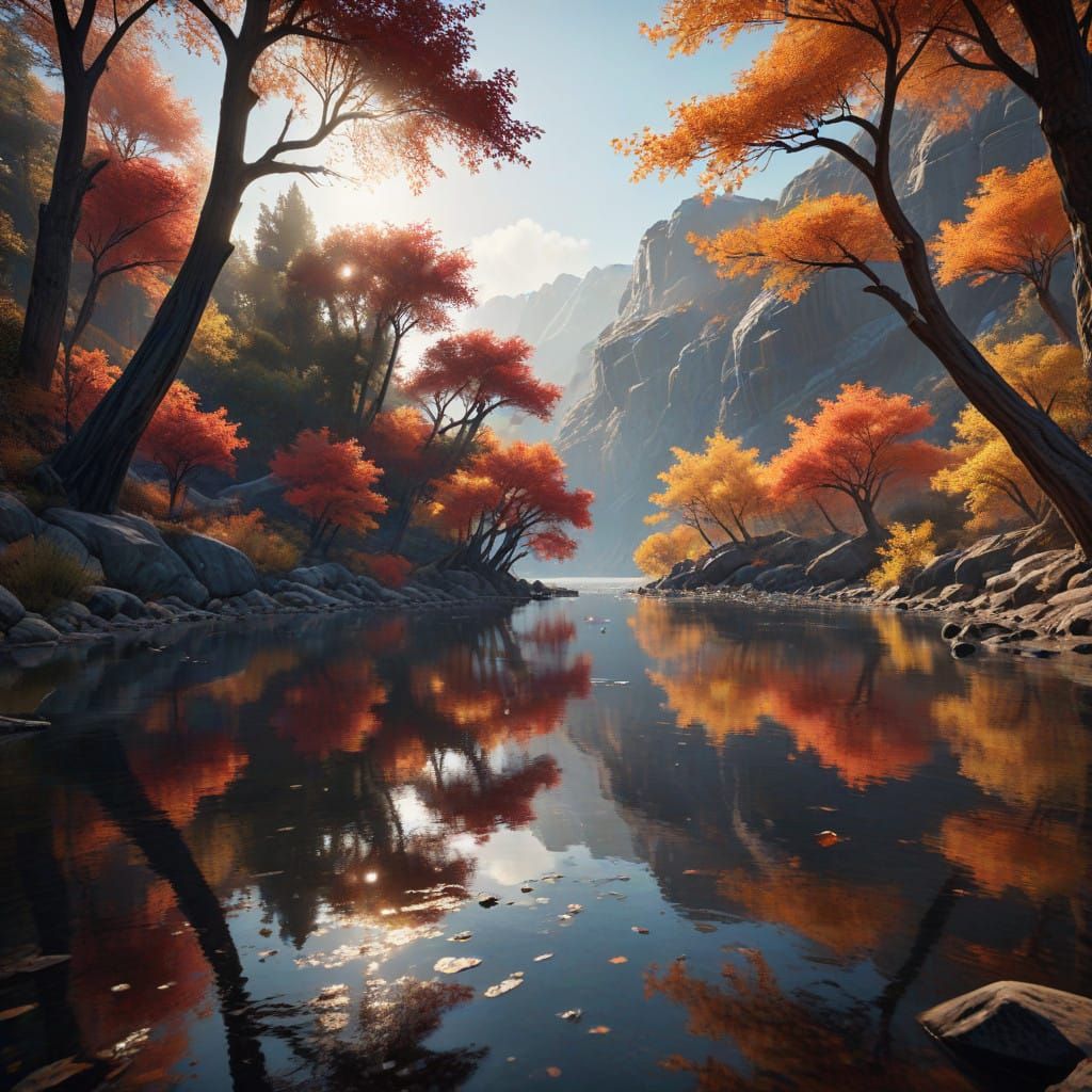Autumn Lake Oasis in Vibrant Golden Hues