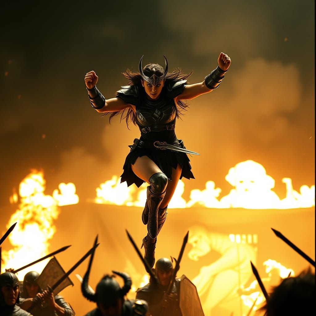 Xena's Flying Kick: Cinematic Film Still in Gritty Style