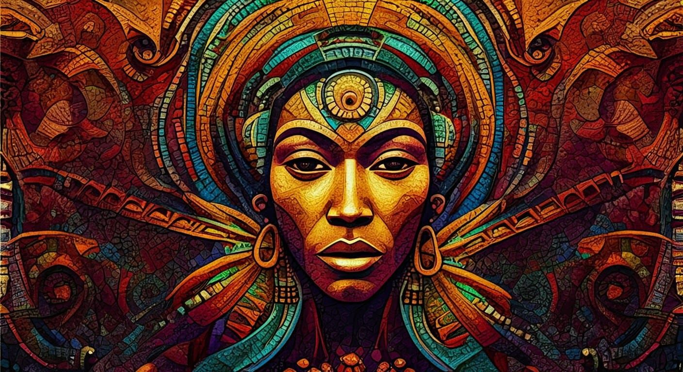 Mystical Afro-Gypsy Deity in Abstract Mosaic Artwork