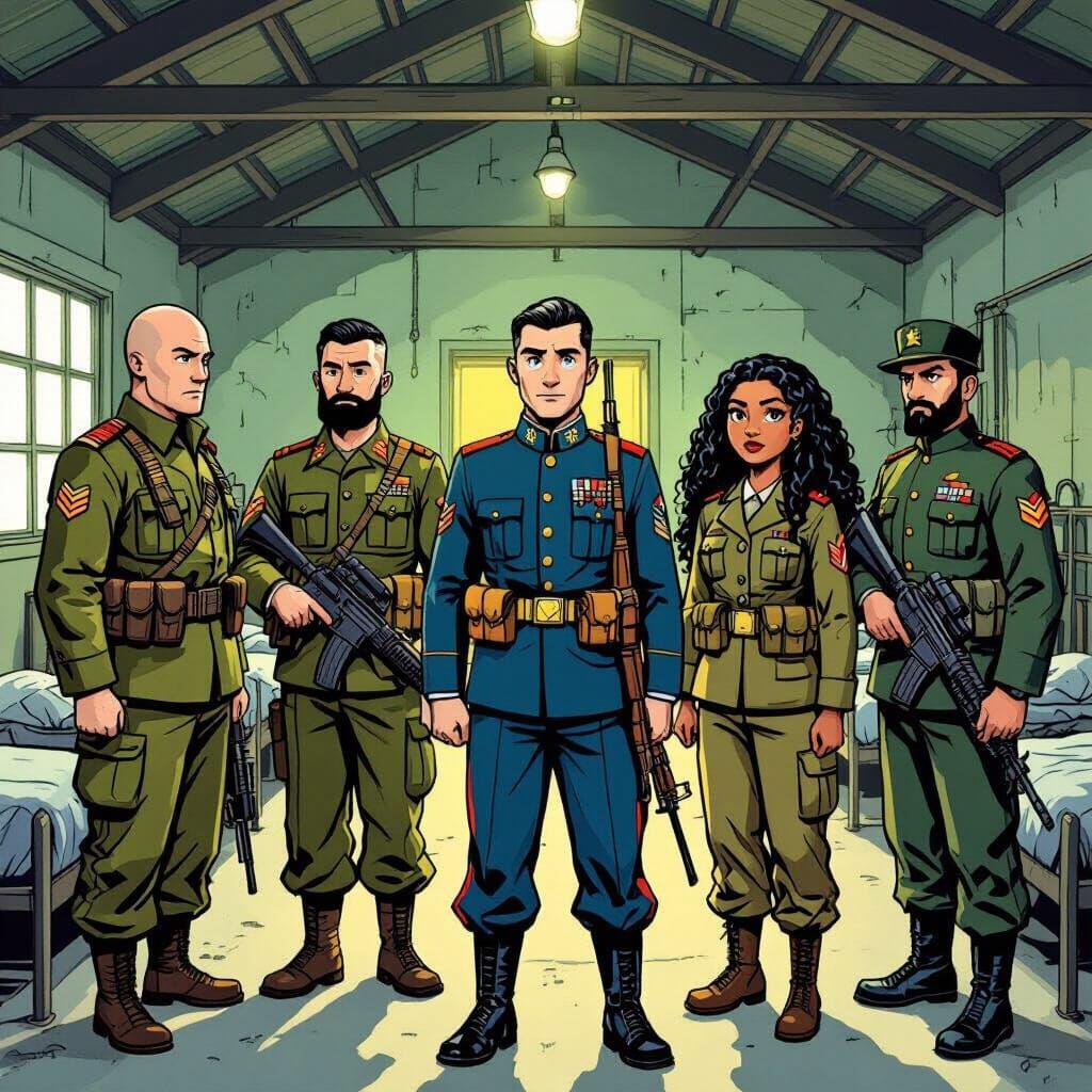 Diverse Soldiers in Barracks, Realistic Comic Style