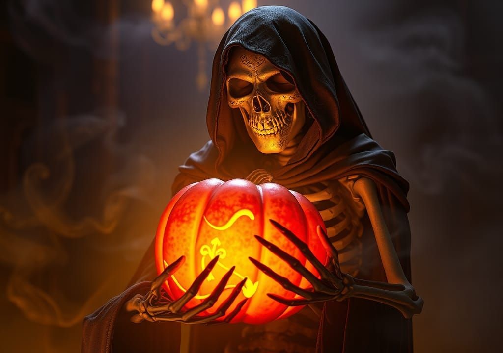 Skeleton with Glowing Pumpkin in Art Nouveau Style