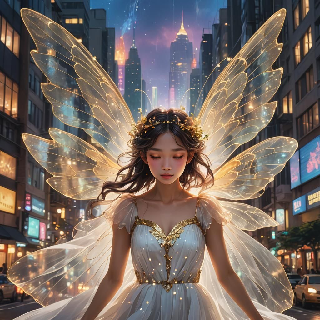 Fairy Floats Above City in Miyazaki Style