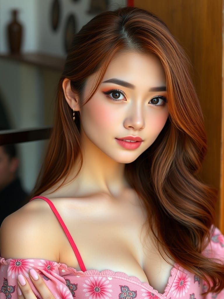 Breathtaking Japanese Goddess with Vibrant Red Locks and Azu...