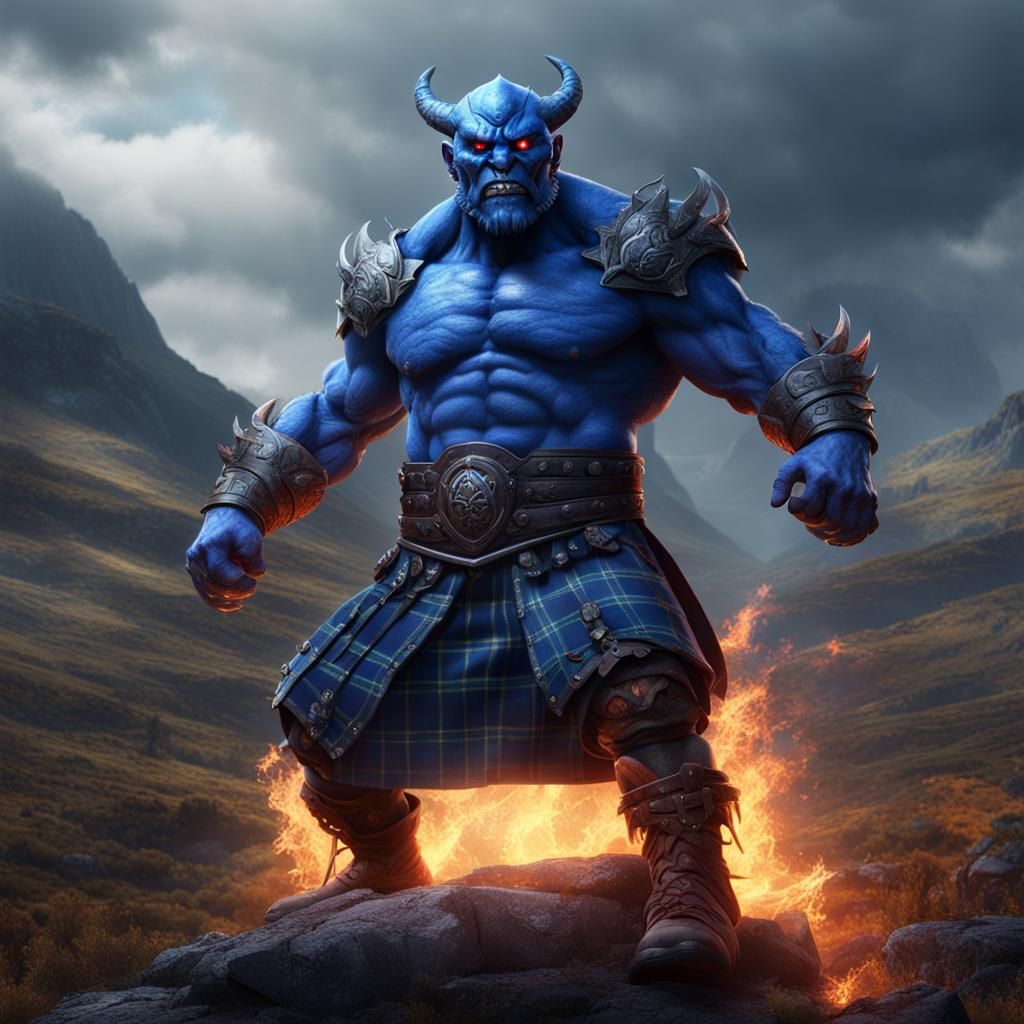 Blue Demon in Kilt on Scotland's Fire Mountain