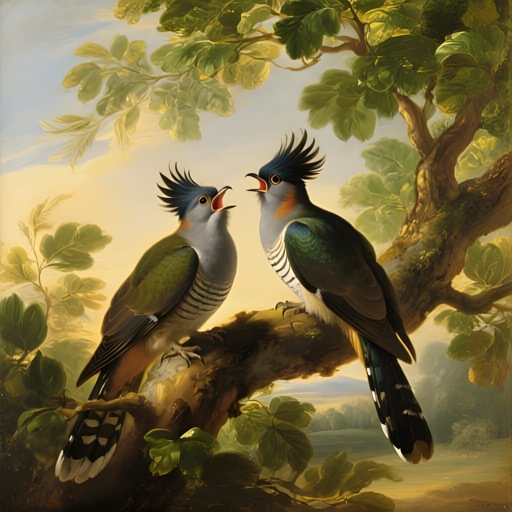 Crested Cuckoos Singing in a Breezy Tree, Baroque Style
