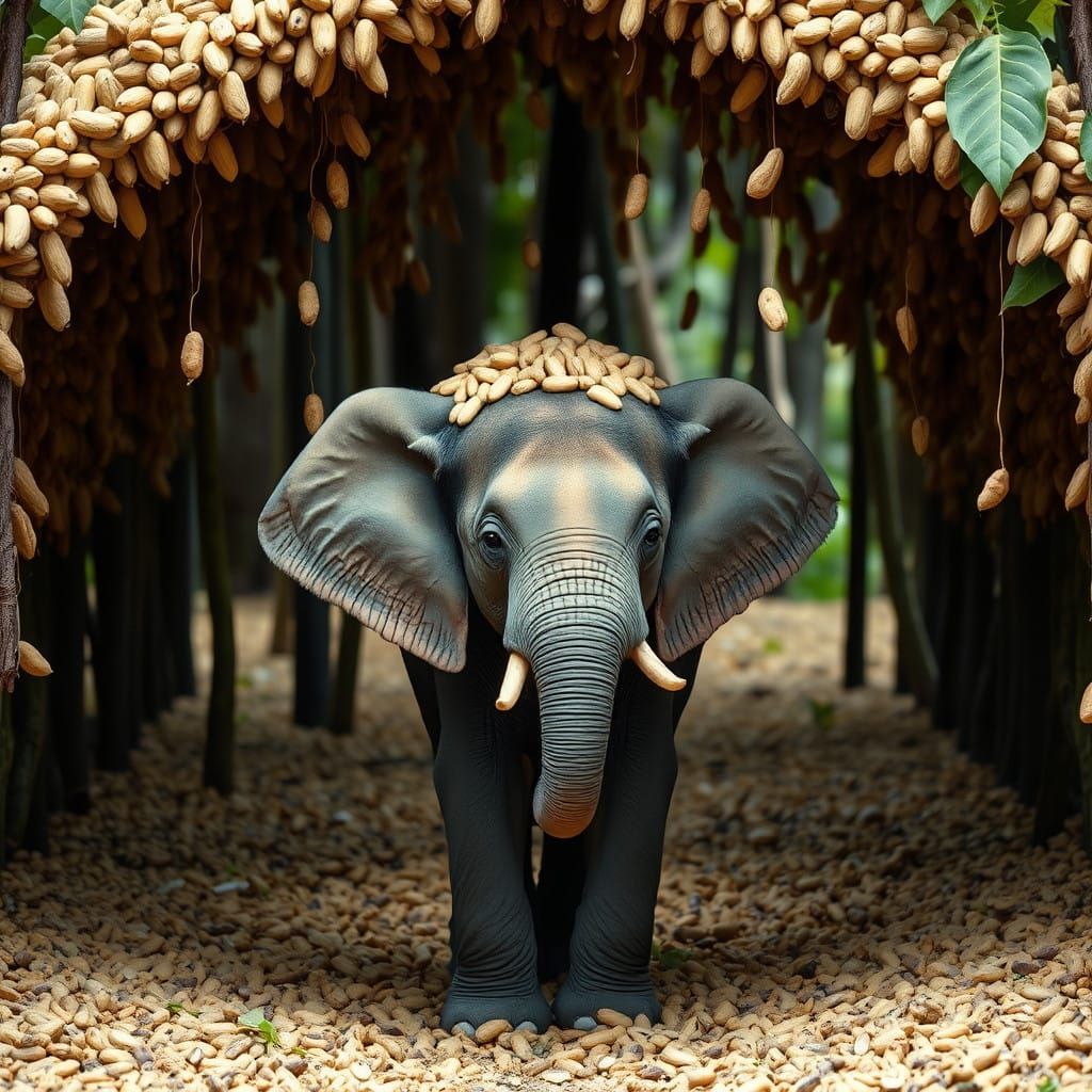 Baby Elephant Under Peanut Rainstorm in Nature