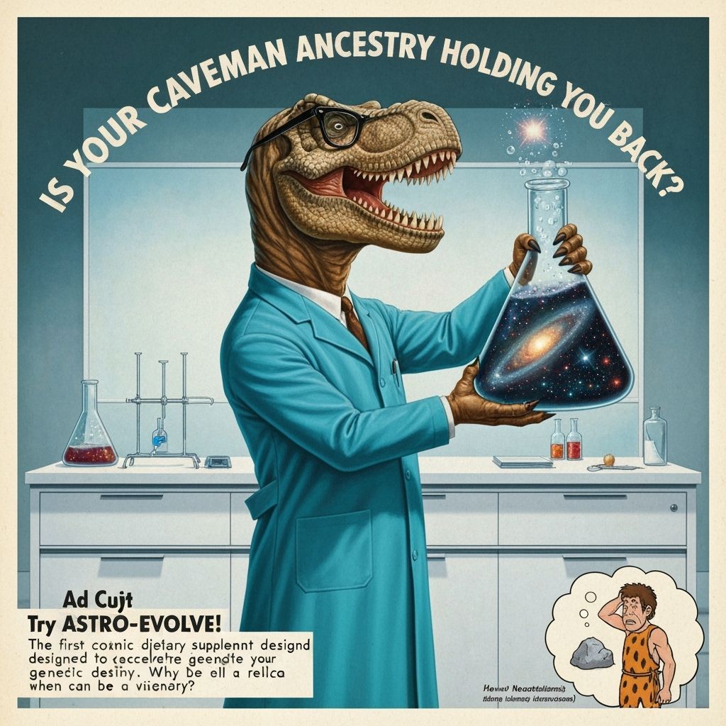1960s Ad Style T-Rex in Lab with Nebula Flask