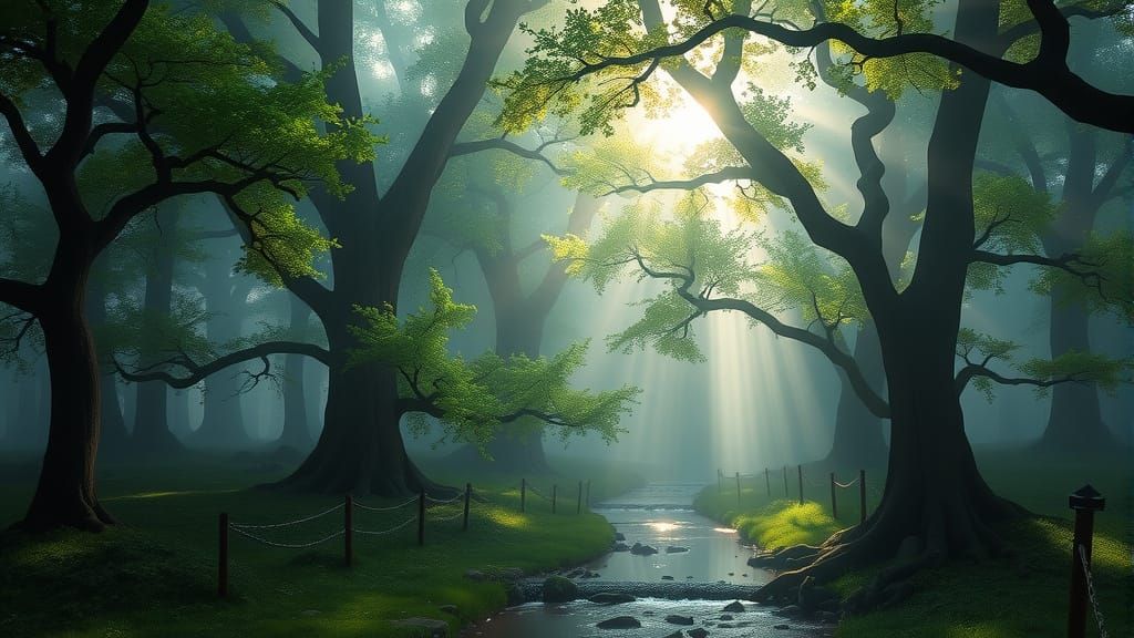 Ethereal Foggy Oak Forest with Sunbeams