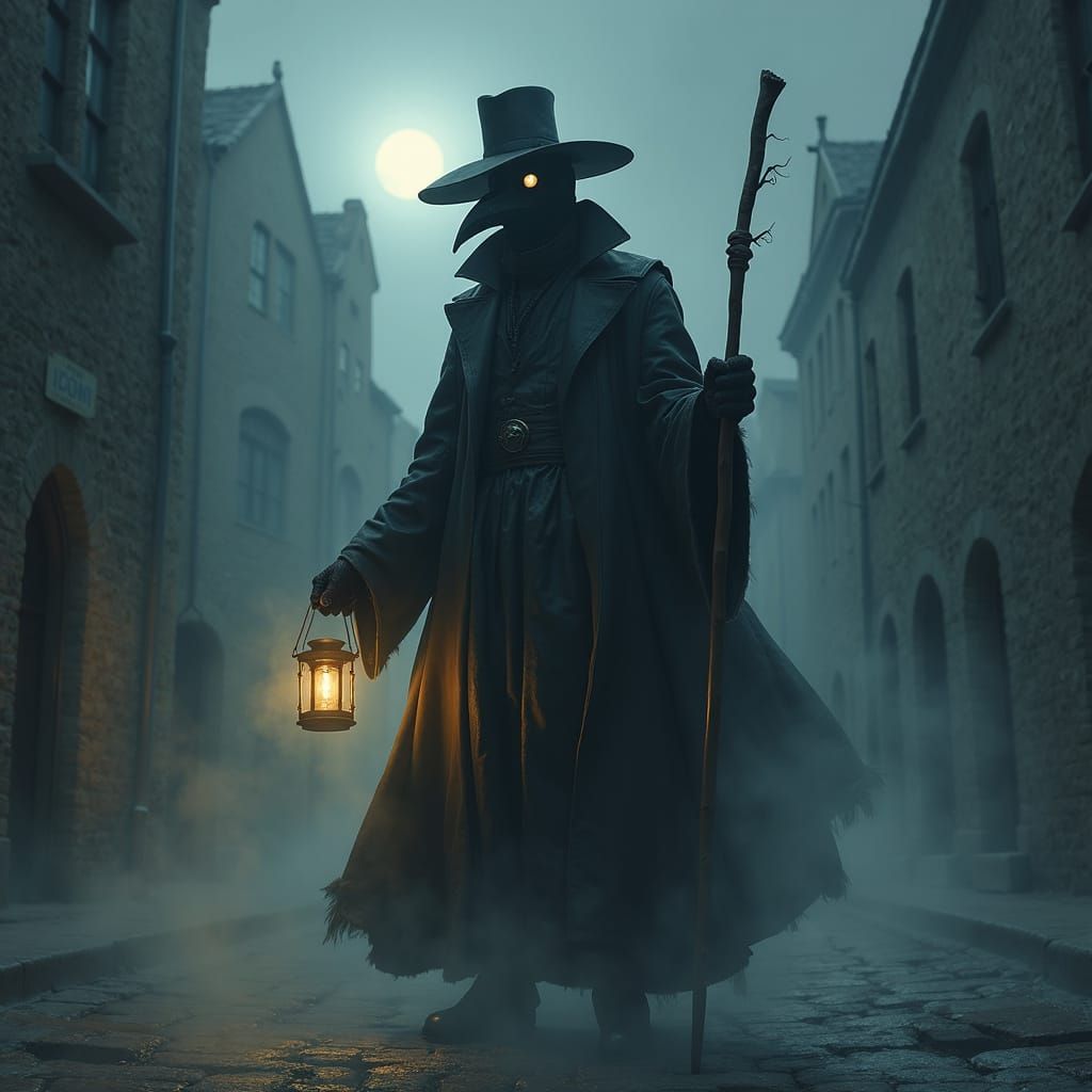 Mysterious Plague Doctor in Foggy Medieval Street at Night