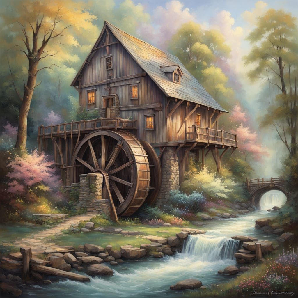 Serene Spring Landscape Oil Painting of a Rustic Waterwheel