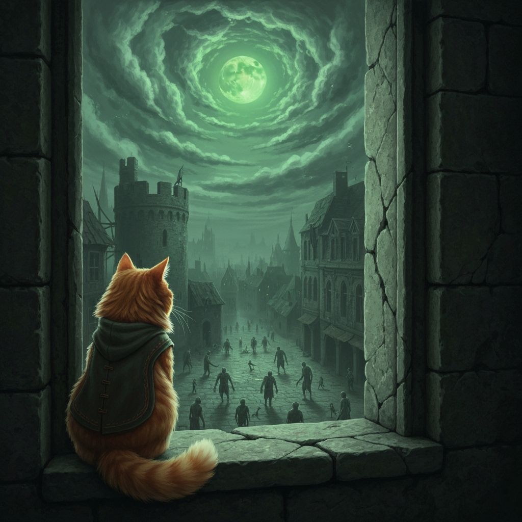 Ginger Cat Under Green Moon in Dark Fantasy Style