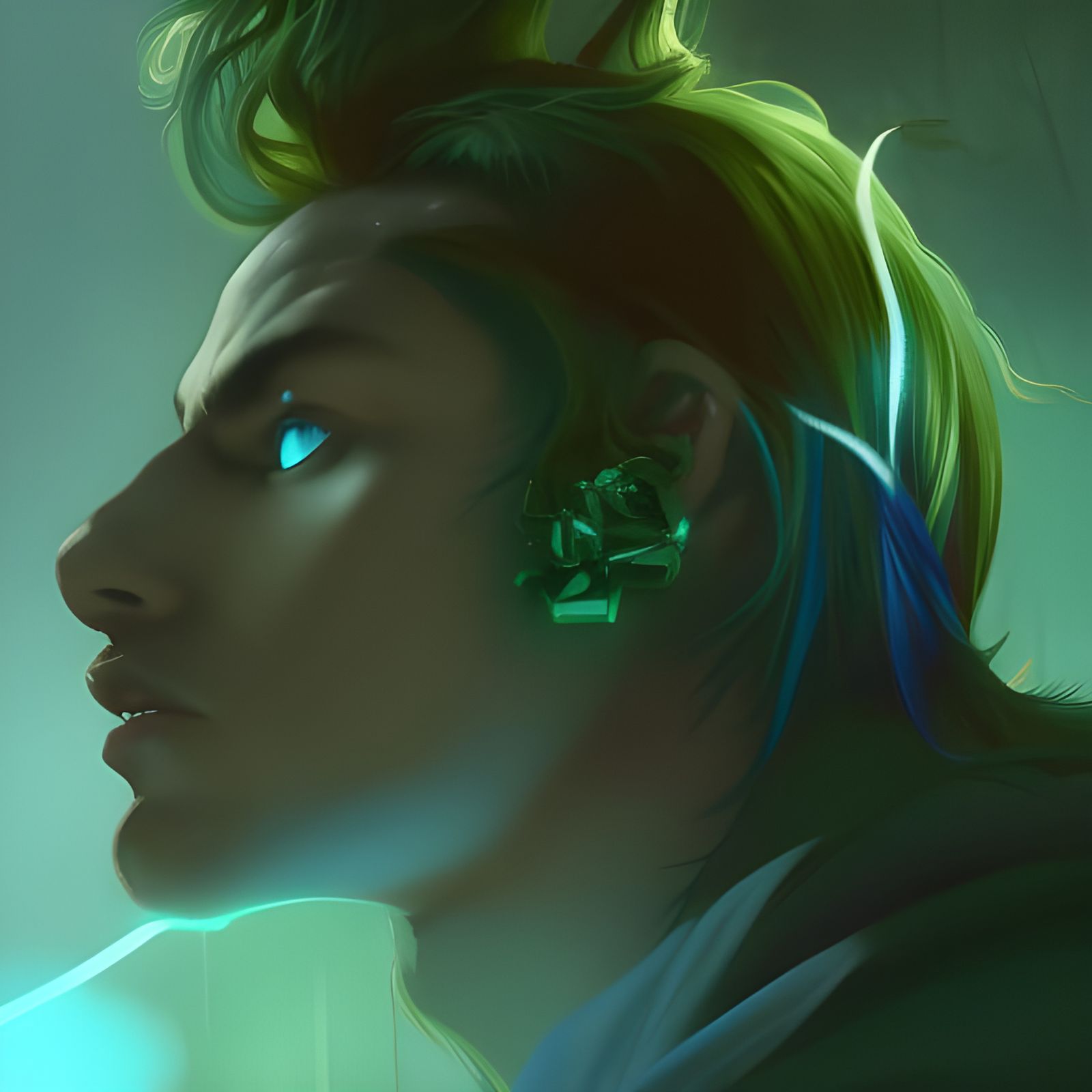 Green-Haired Character Portrait in Foggy Forest