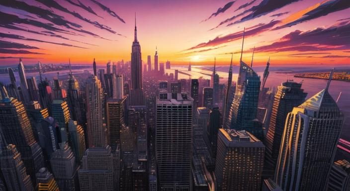 Comic Book Cityscape at Sunset in Graffiti Art Style