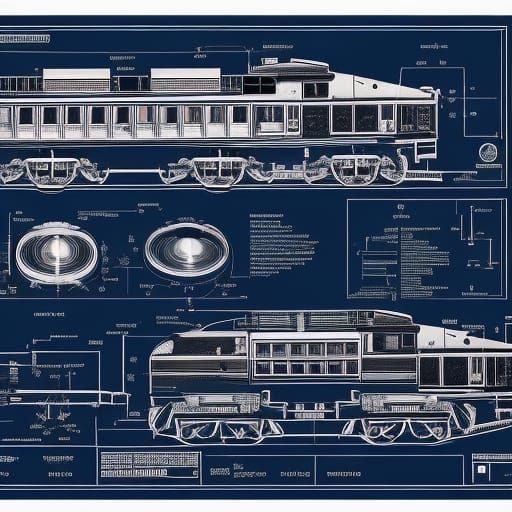 Detailed Locomotive Blueprint in Cyanotype Style