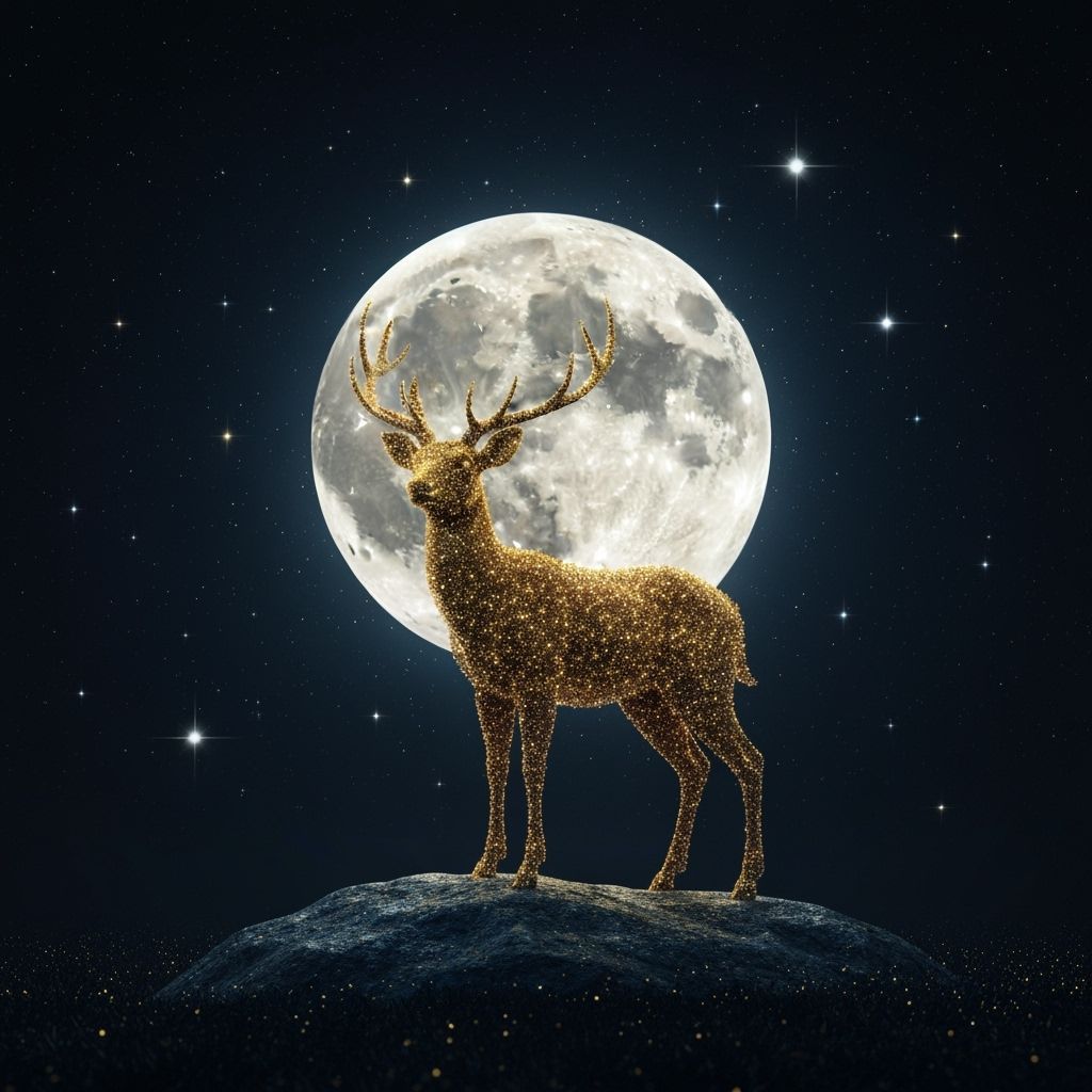 Golden Particle Deer Under Ethereal Moonlit Sky